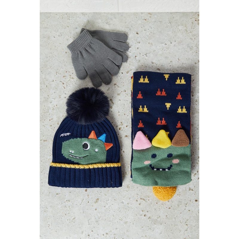 Boys Navy Knitted Cap Set (3 Piece)
