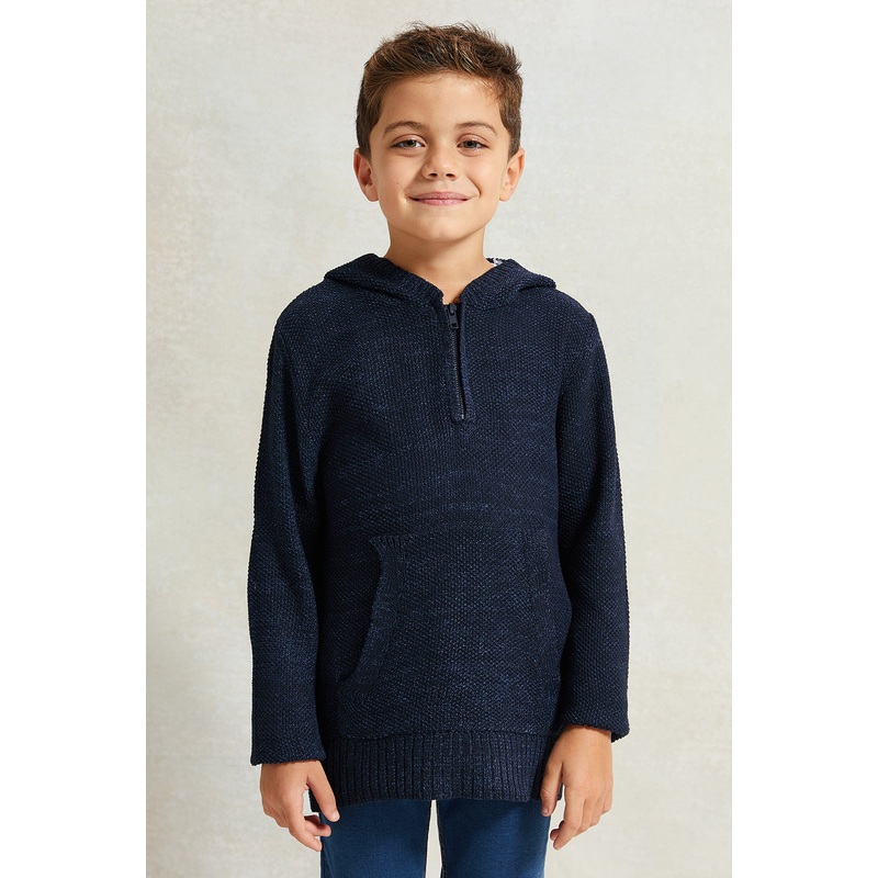 Boys Navy Solid Hooded Sweater