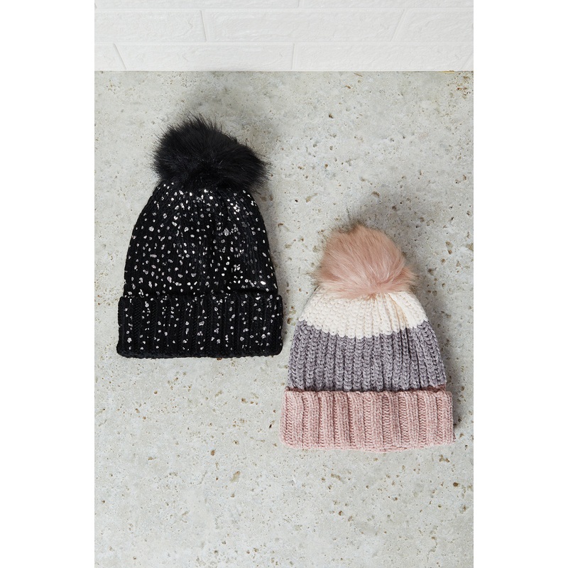 Girls Assorted Knitted Beanies Set (Pack of 2)