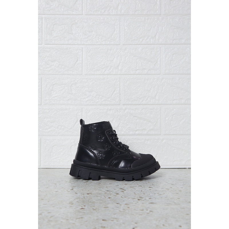 Girls Black  Flower Embossed Ankle Boot