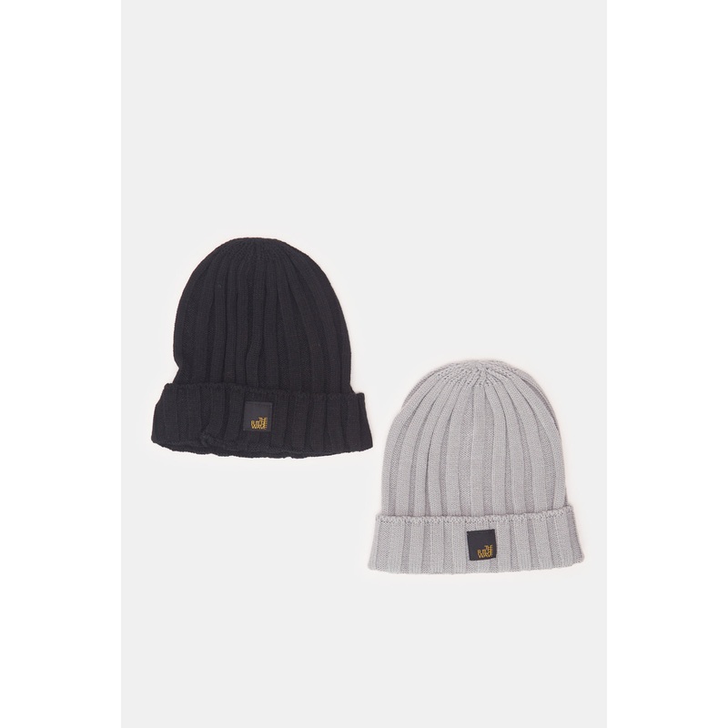 Men Black And  Grey Knitted Cap Set Of (2 Piece)