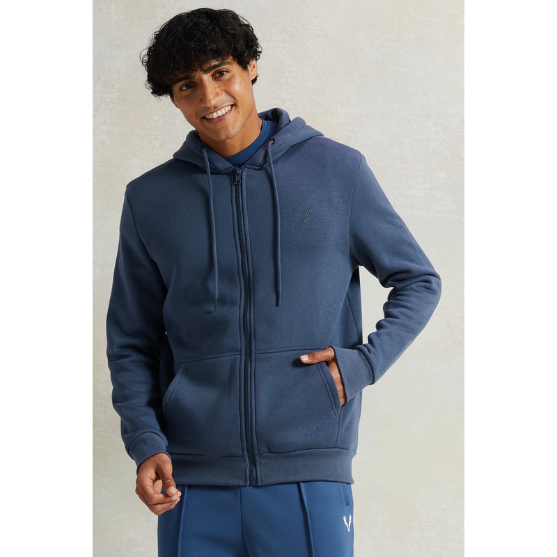 Men Blue Zip Through Hooded Sweatshirt
