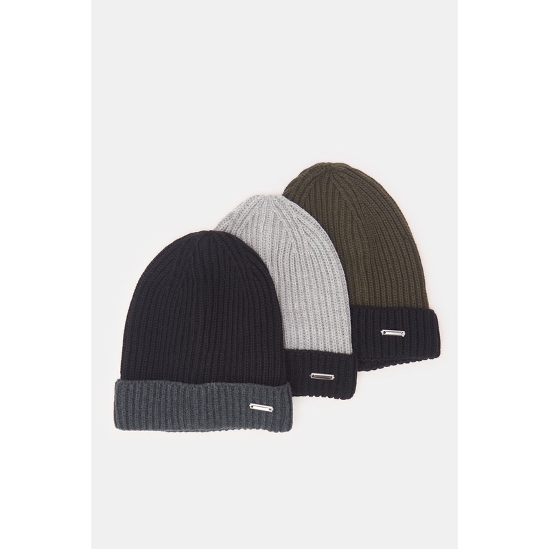 Men Multicolour Solid Knitted Cap Set (Pack Of 3)