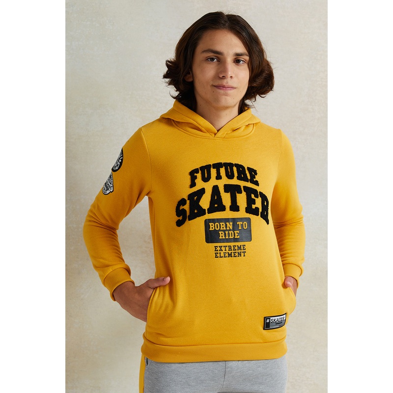 Senior Boys Mustard Printed Hooded Sweatshirt
