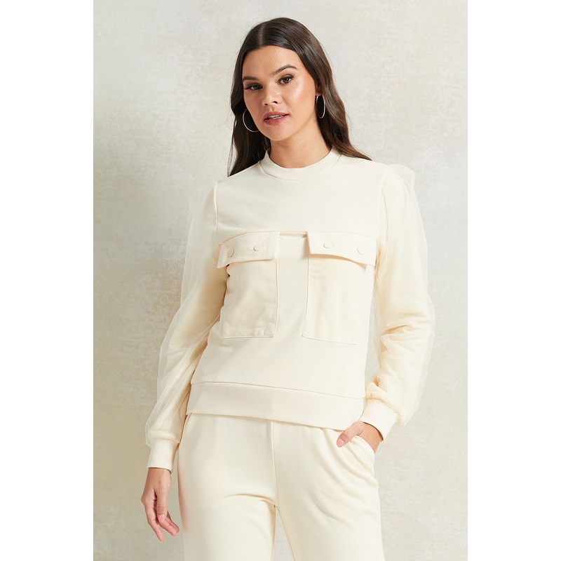 Women Beige Embellished Sweatshirt With Front Pocket