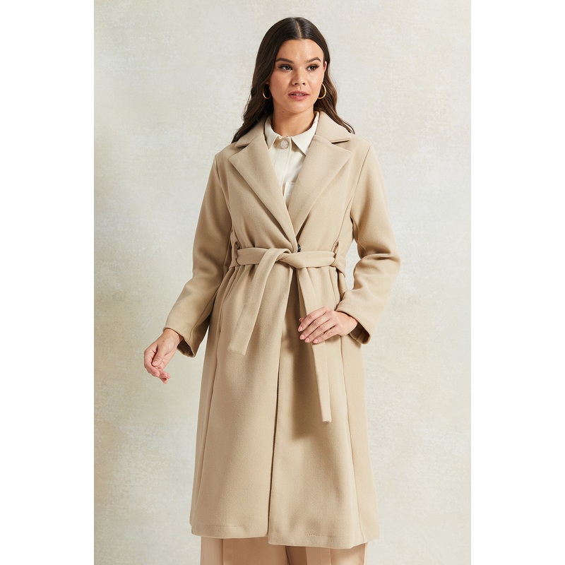 Women Beige Long Melton Jacket