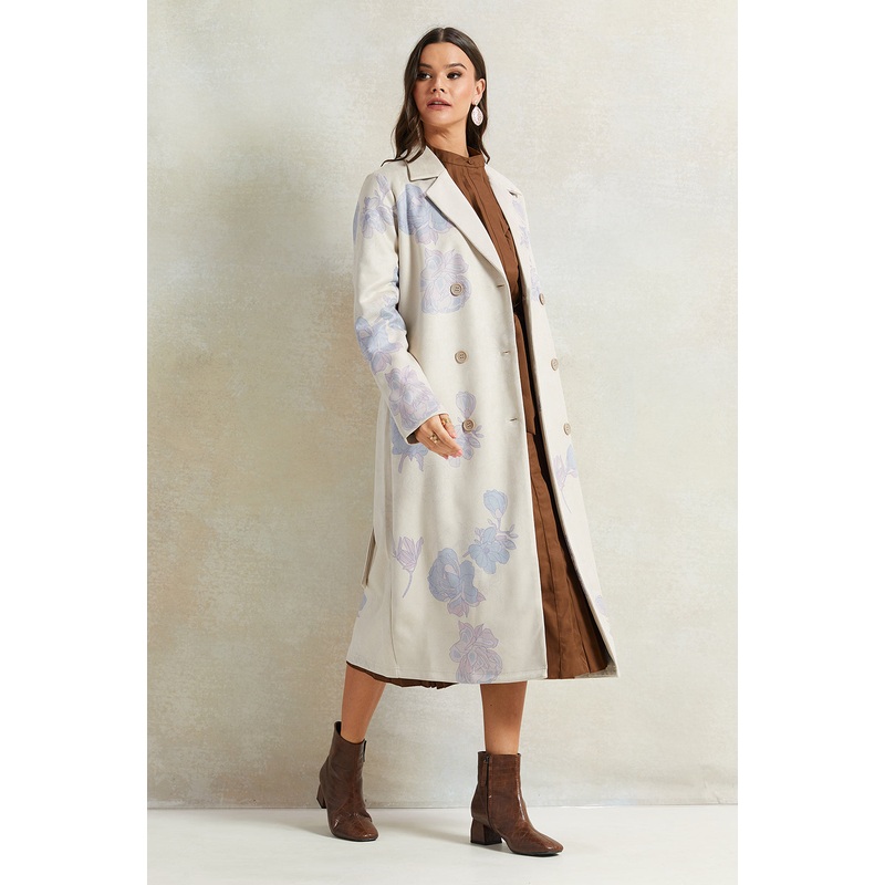 Women Beige Printed Belted Jacket