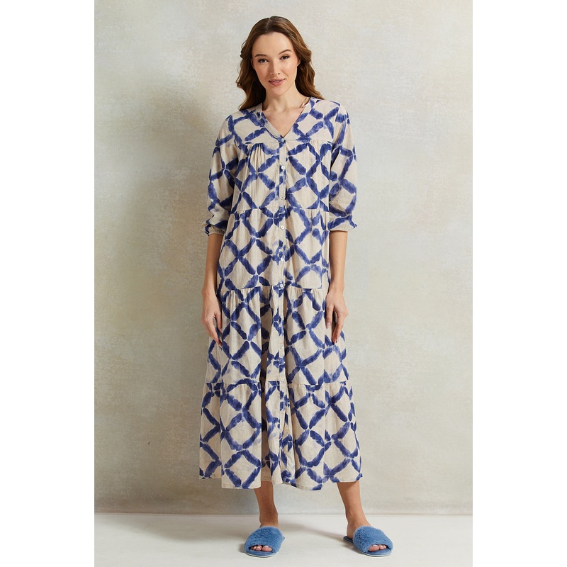 Women Beige Tier Embroidery Nightgown