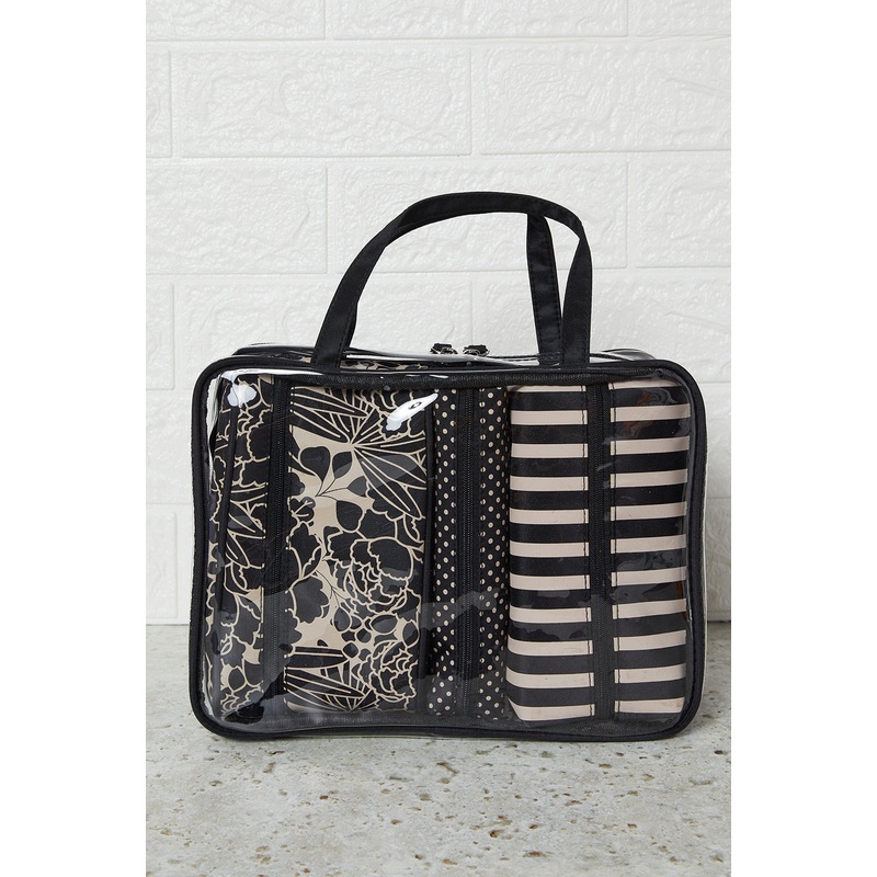 Women Black And Brown Printed Cosmetic Pouch (4 Piece)