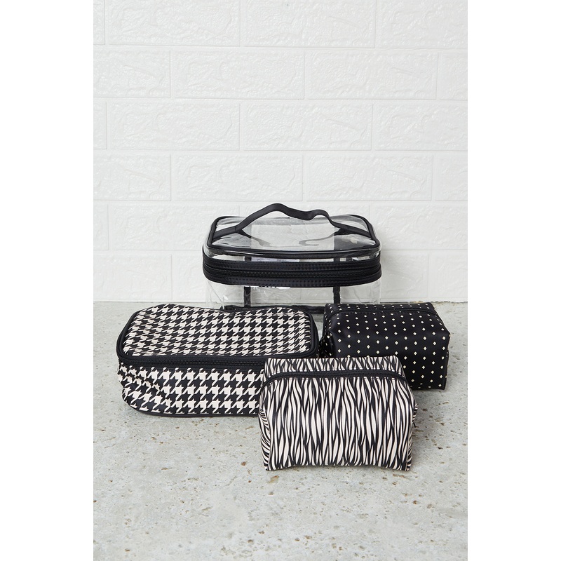 Women Black And Brown Printed Cosmetic Pouch Set (4 Piece)