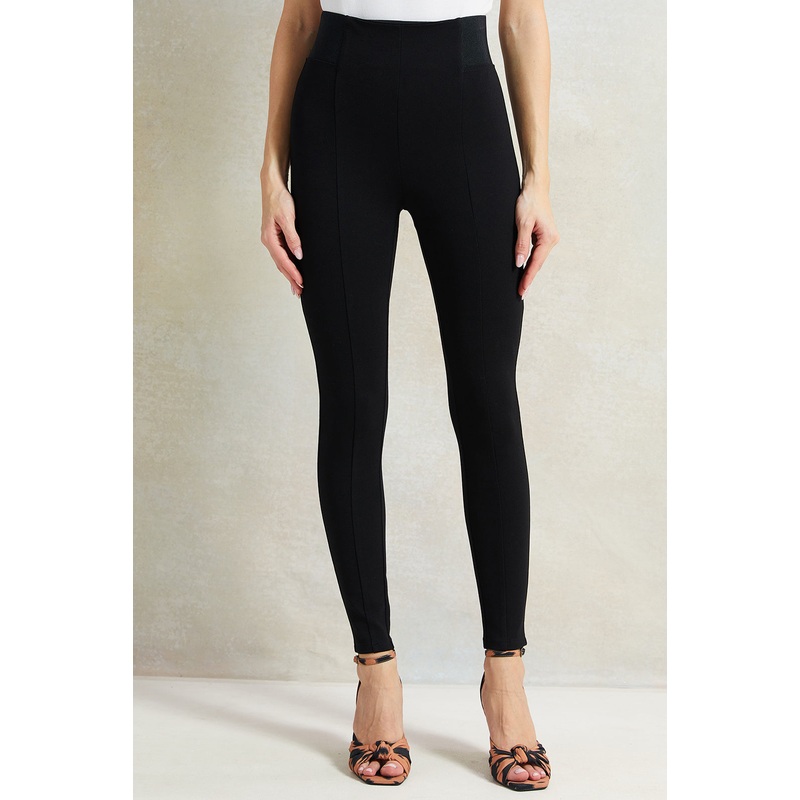 Women Black Front Pleat Leggings