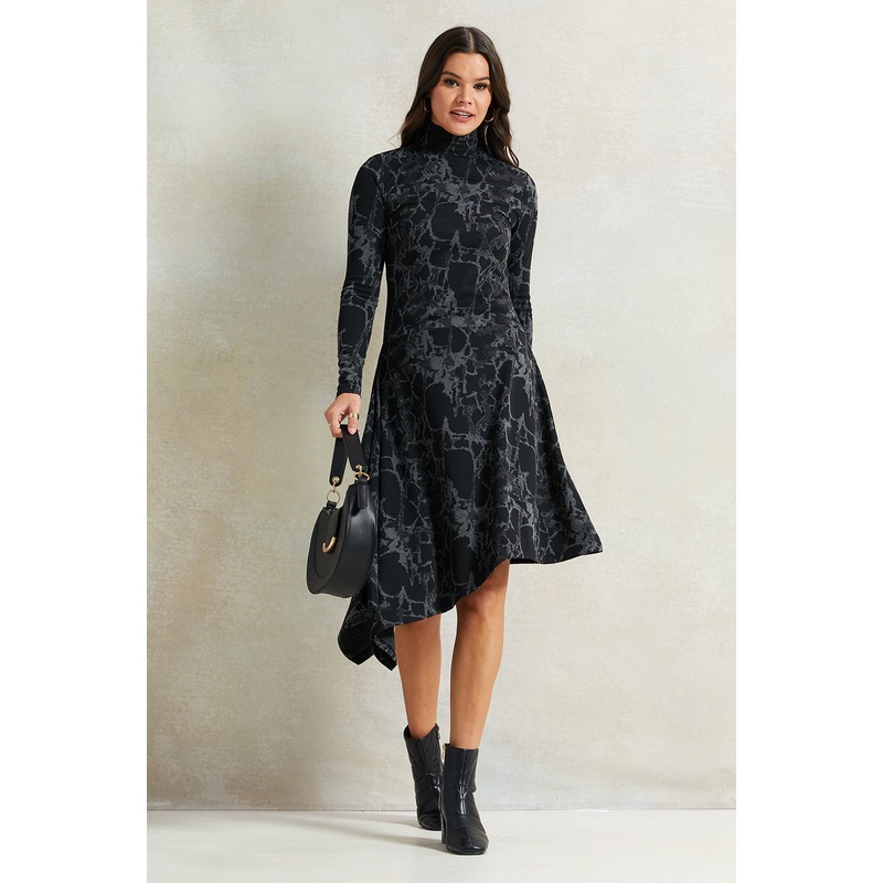 Women Black Printed Asymmetric Dress