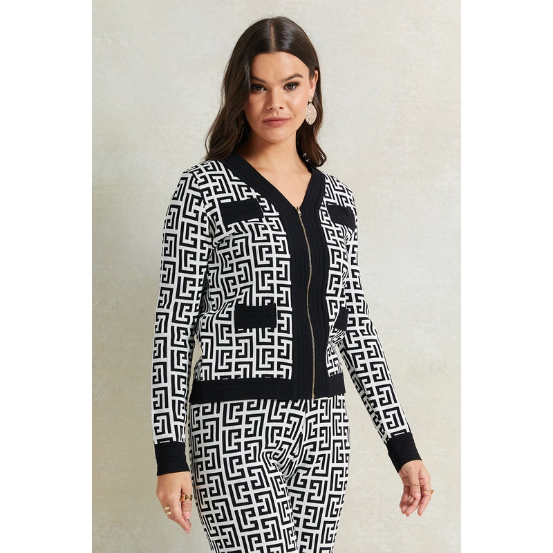 Women Black Printed Zip Through Cardigan