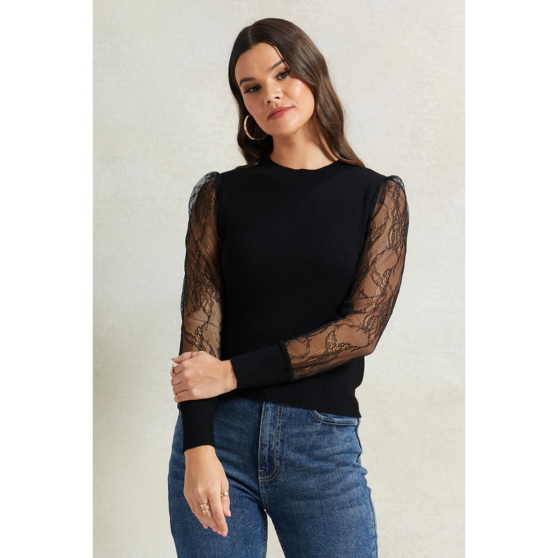 Women Black Sheer Sleeve Top|UK8|UK10|UK12|UK14|UK16|UK18