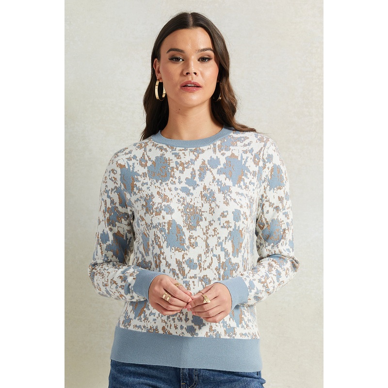 Women Blue Floral Printed With Lurex Sweatshirt