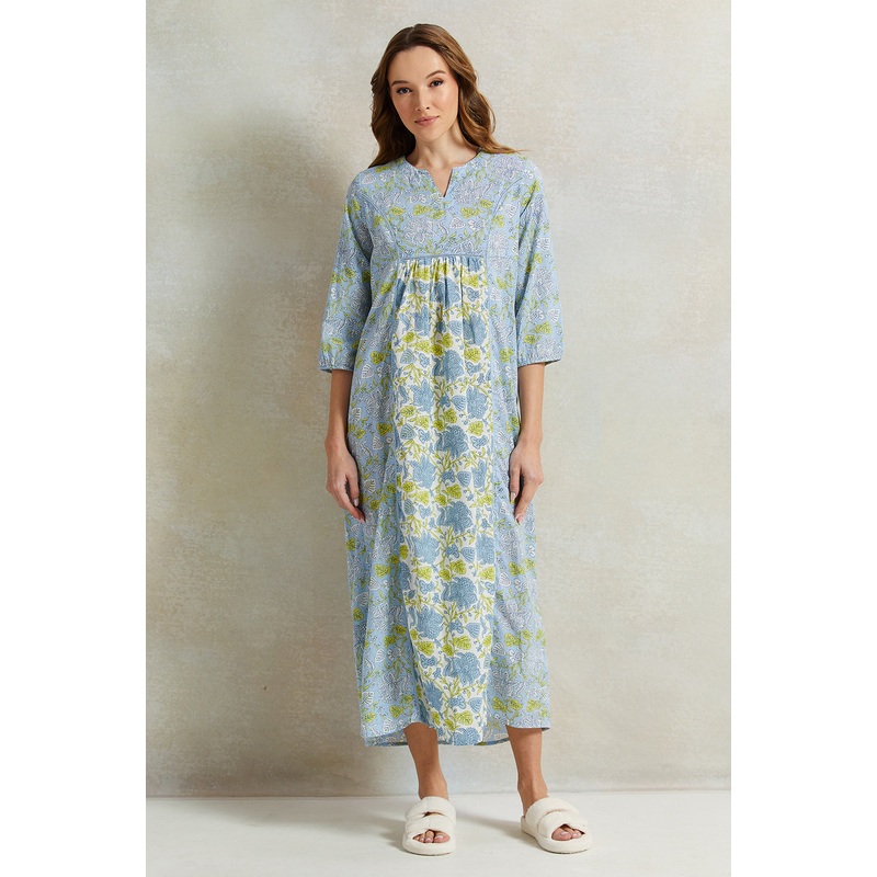 Women Blue Front Border Print Nightgown