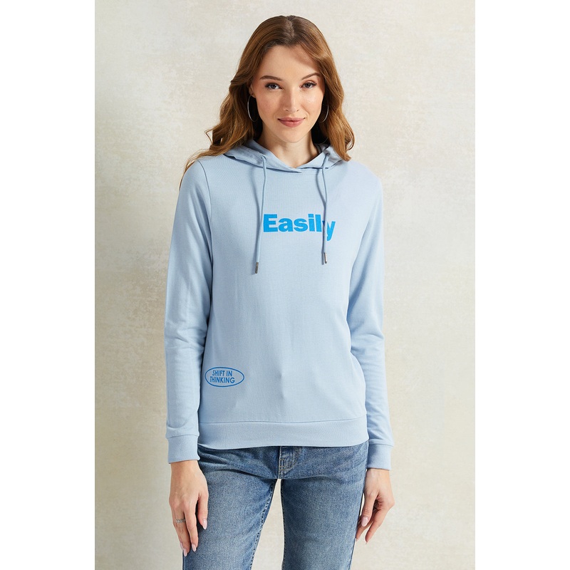 Women Blue Print Hooded Sweatshirt