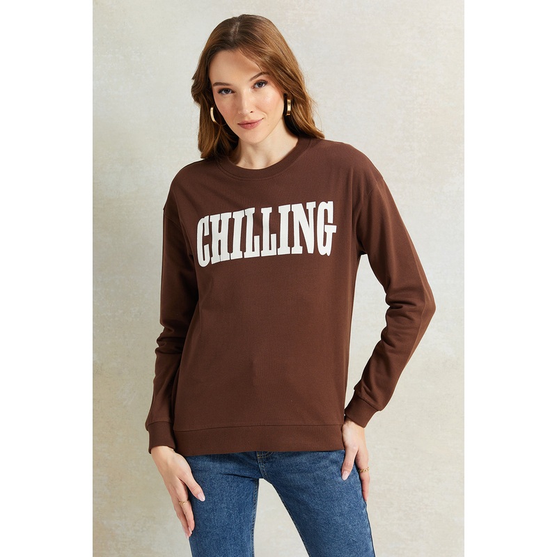 Women Brown Printed Sweatshirt