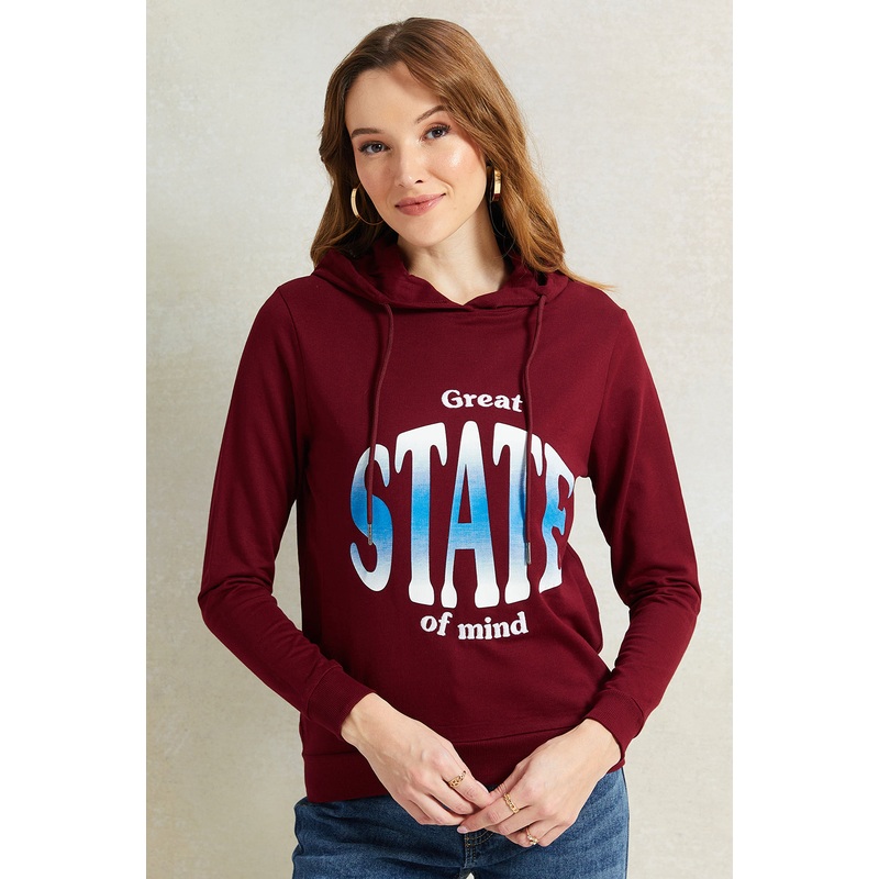 Women Burgundy Print Hooded Sweatshirt