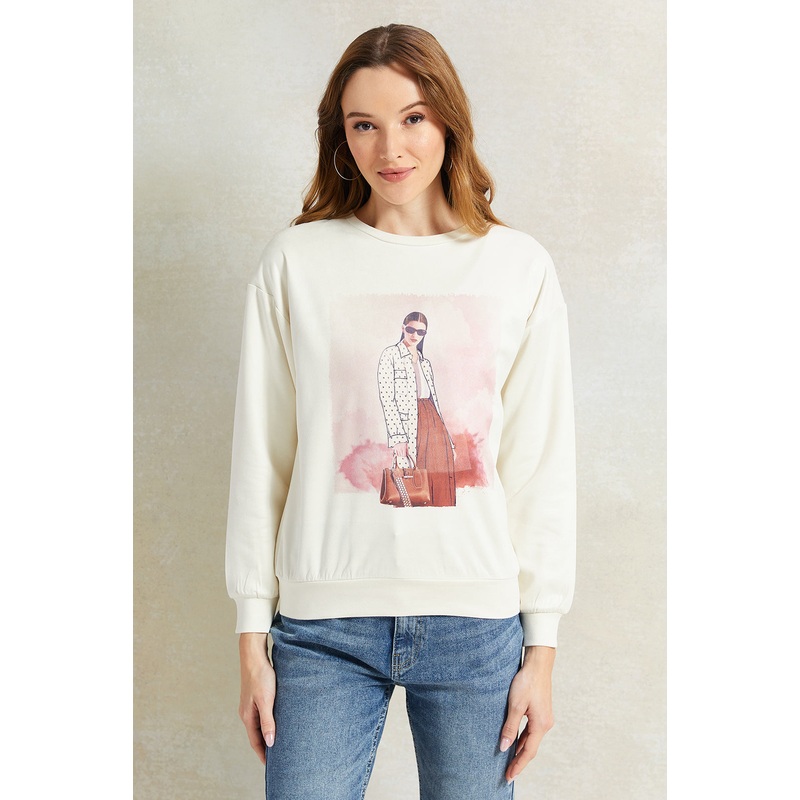 Women Cream Printed Sweatshirt