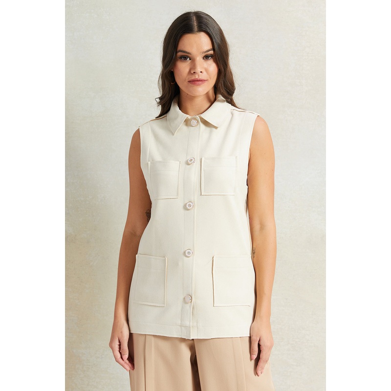 Women Cream Sleeveless Collared Vest