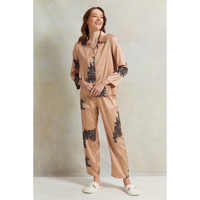 Women Gold Satin Classic Pyjama Set (2 Piece)