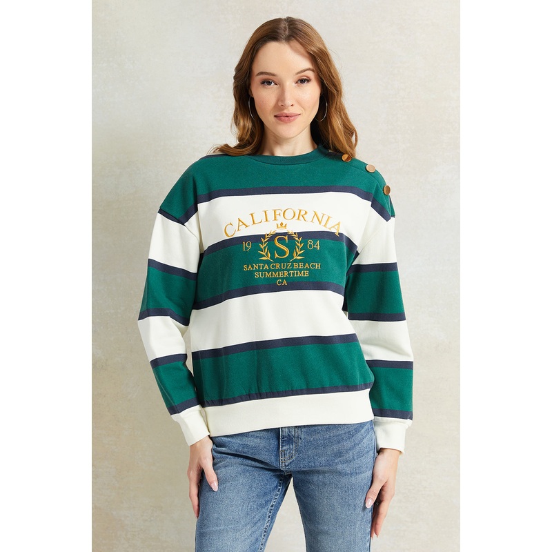 Women Green And White Striped Printed Sweatshirt