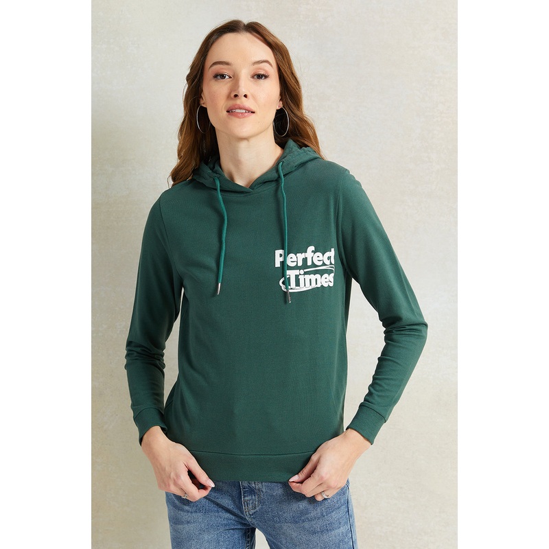 Women Green Print Hooded Sweatshirt