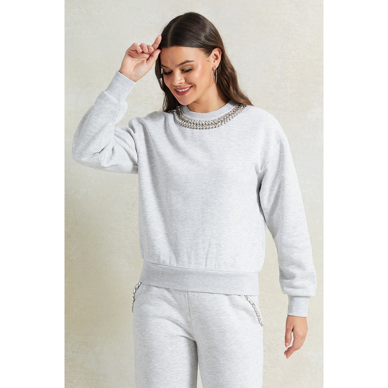 Women Grey Embellished Neck Sweatshirt