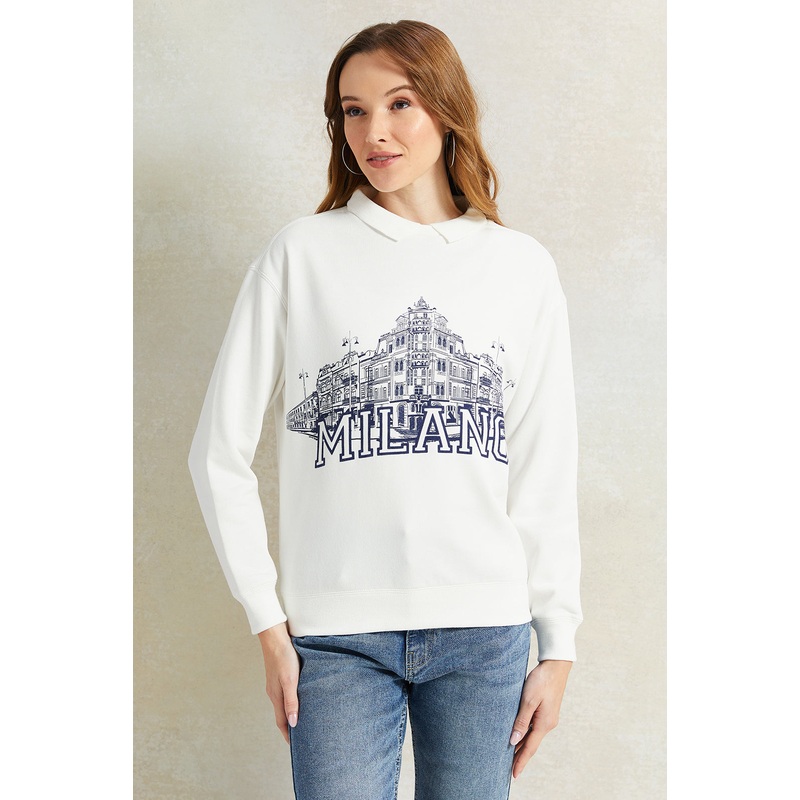 Women Ivory Collared Printed Sweatshirt