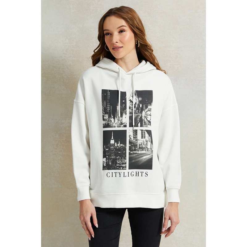 Women Ivory Printed Hooded Sweatshirt