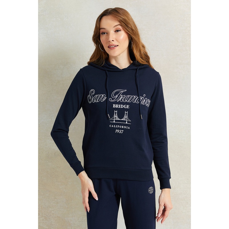 Women Navy Print Hooded Sweatshirt