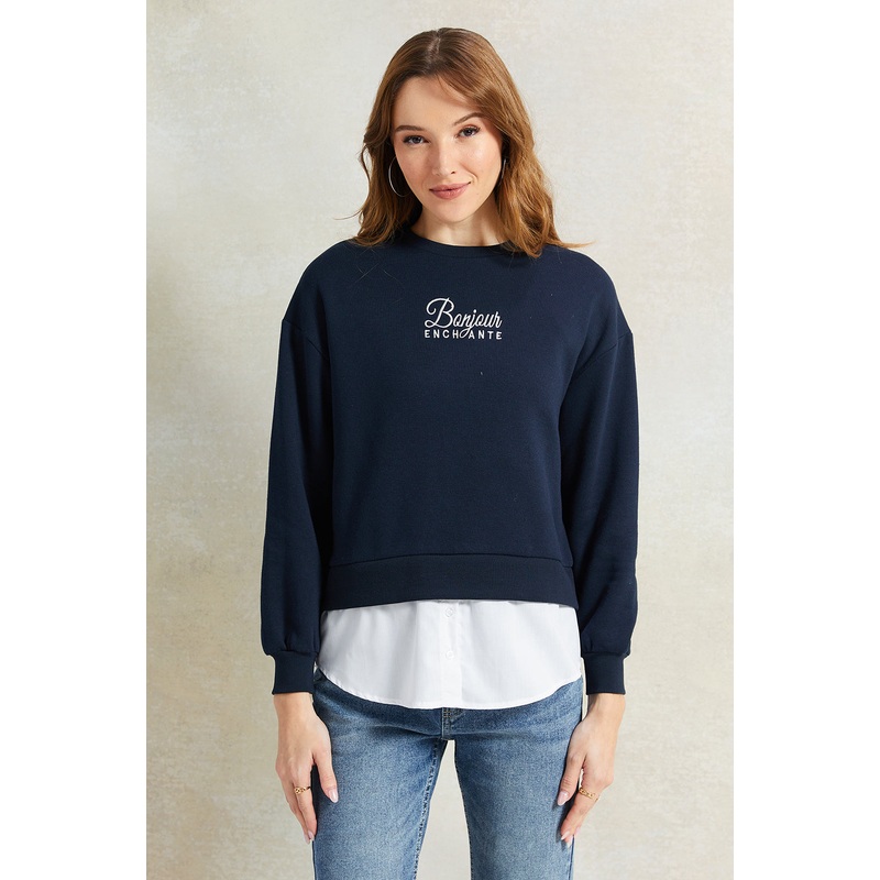 Women Navy Printed Twofer Sweatshirt