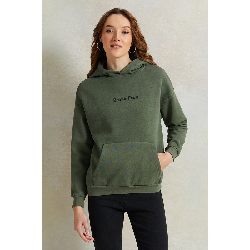 Women Olive Printed Hooded Sweatshirt