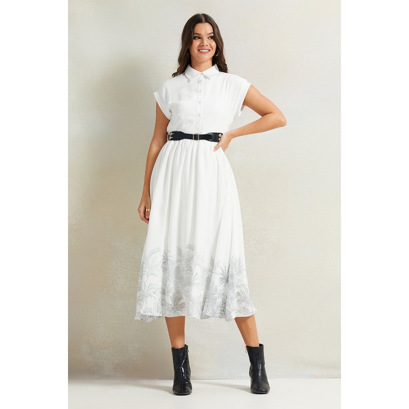 Women White Belted Dress With Bottom Print