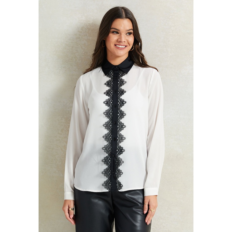 Women White Embellished Collared Blouse