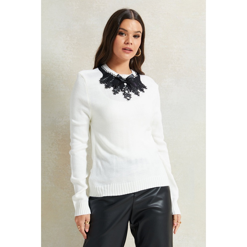 Women White Peter Pan Collar Pullover