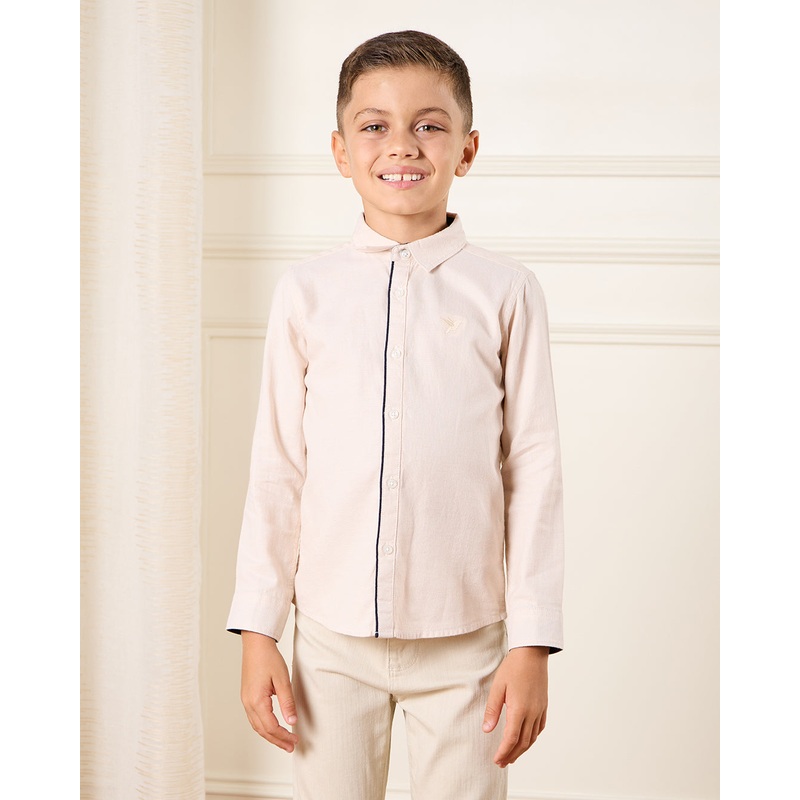 Boys Beige Birdseye Long Sleeve Smart Shirt