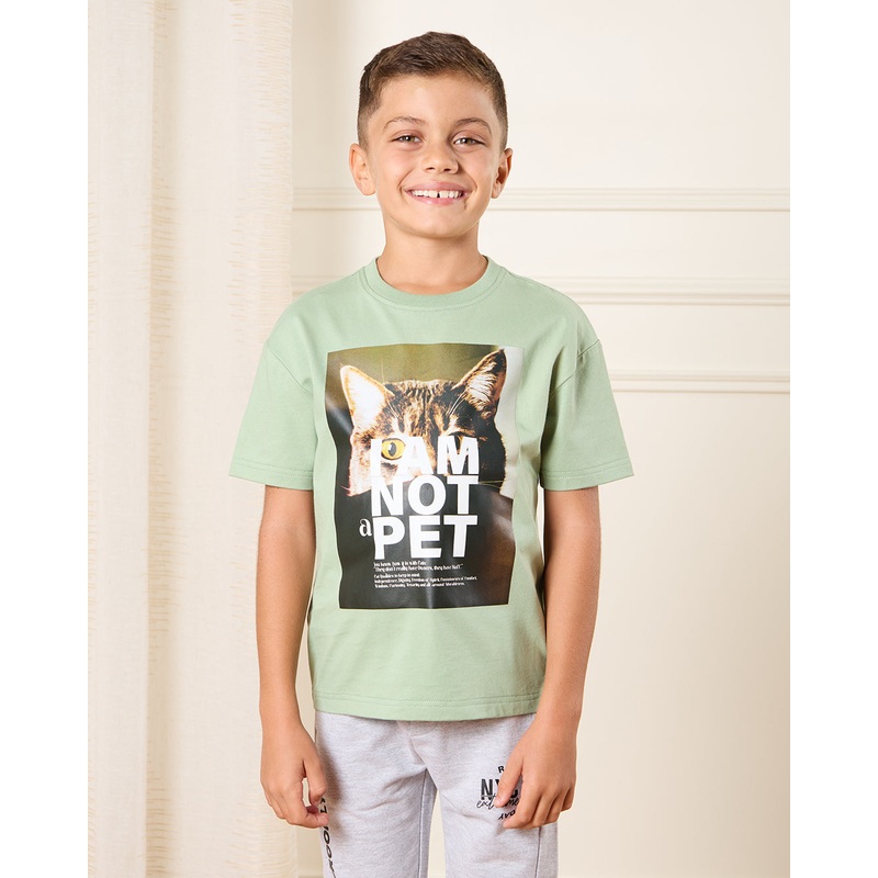 Boys Green Printed Loose Fit T-Shirt