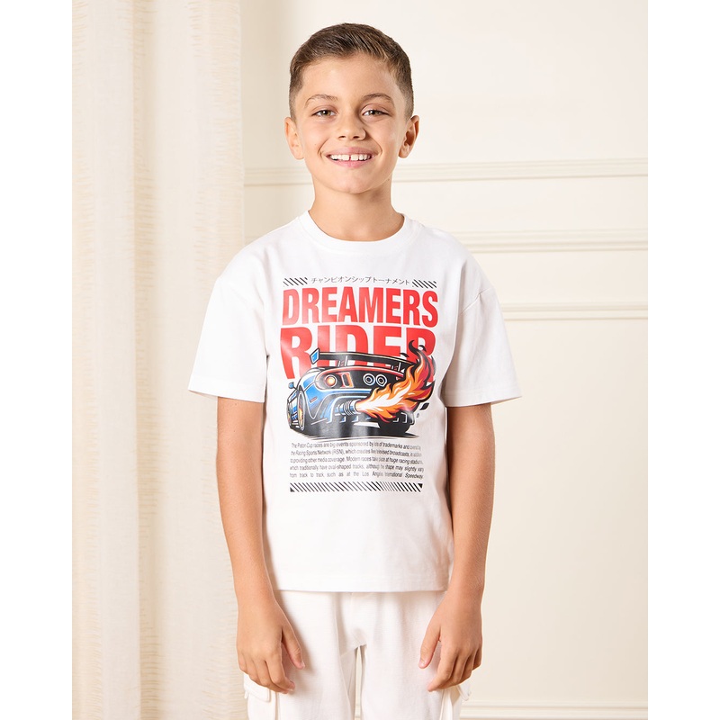 Boys White Printed Loose Fit T-Shirt