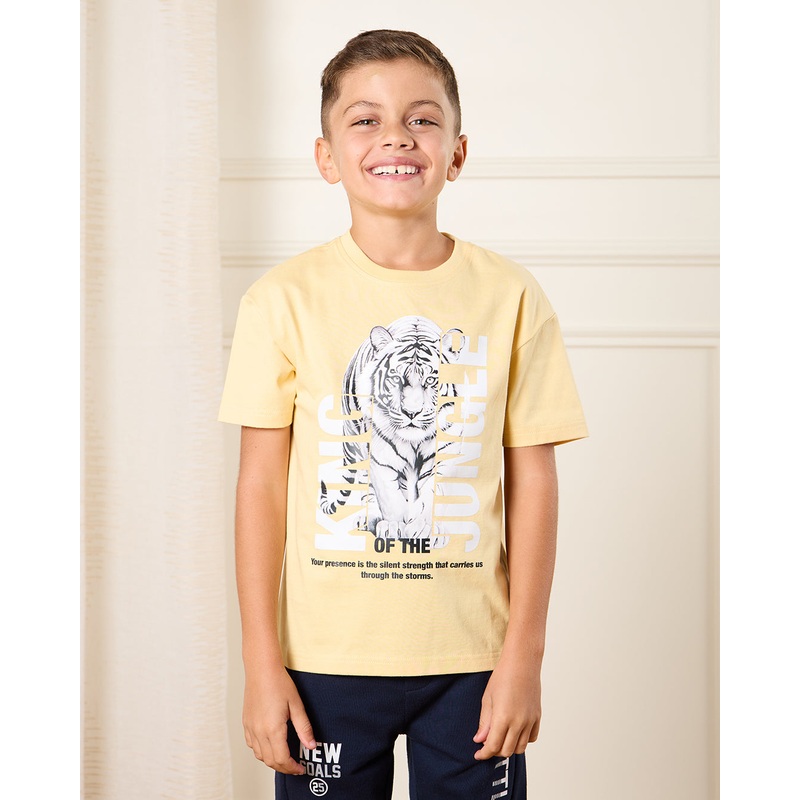 Boys Yellow Printed Loose Fit T-Shirt