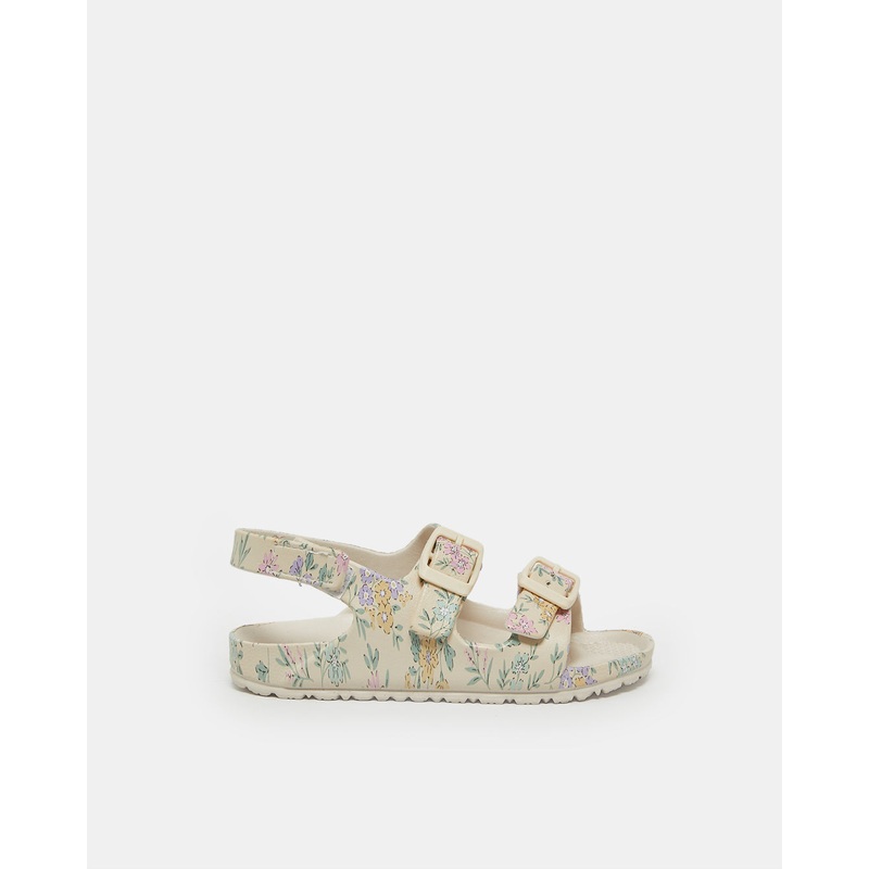Girls Beige Floral Print Slides