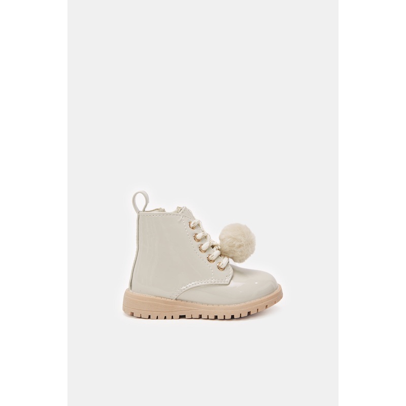 Girls Cream Pom Pom Details Ankle Boot