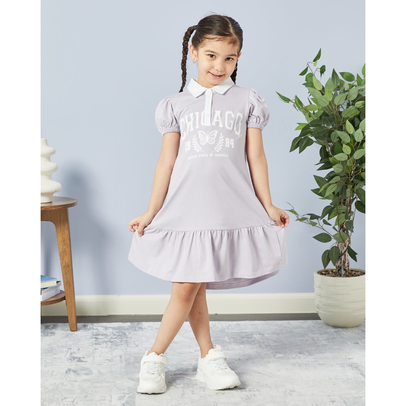 Girls Lilac Chicago Print Polo Dress