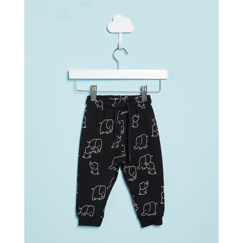 Infant Boys Black Elephant Printed Active Pants