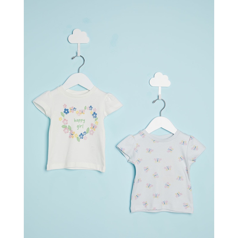 Infant Girls White And Mint Print T-Shirt Set (Pack of 2)
