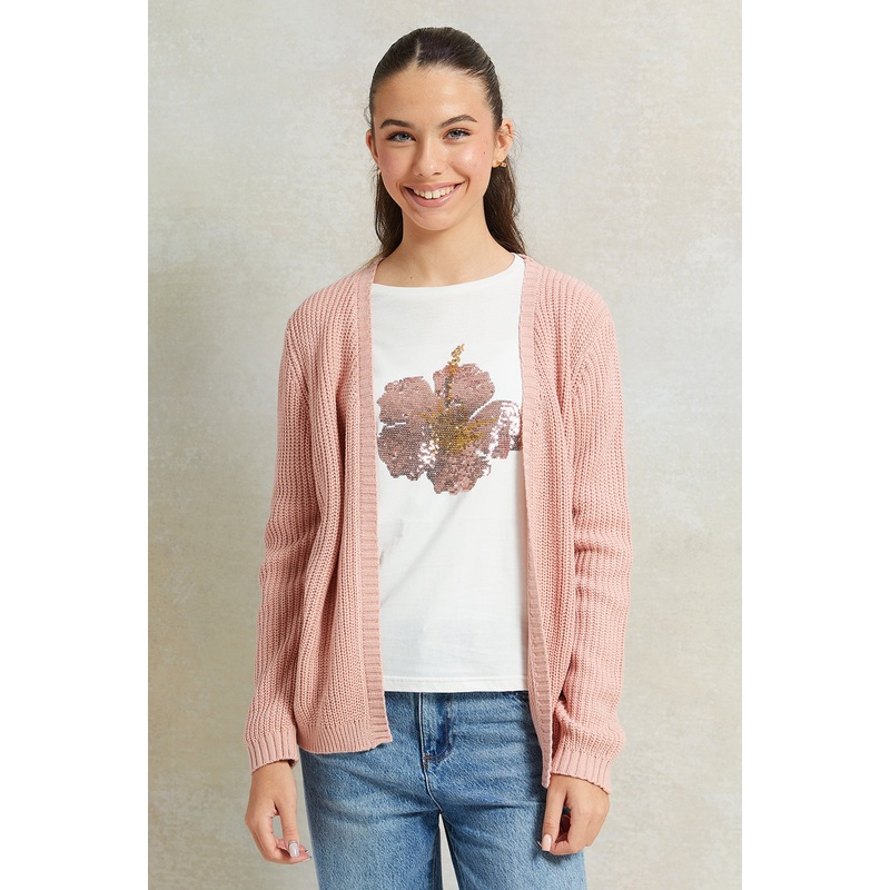 Senior Girls Pink And White Front Open Cardigan With T-Shirt (2 Piece)