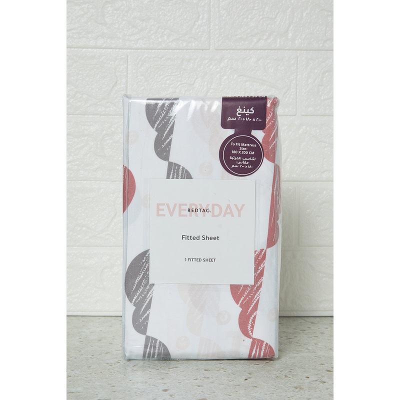White Abstract Printed Fitted Sheet (King Size)