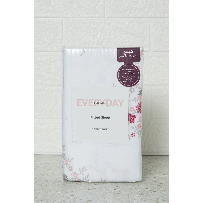 White Floral Printed Fitted Sheet (King Size)
