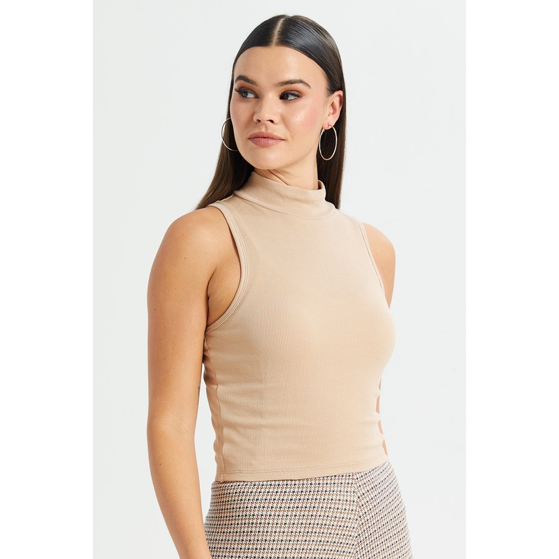 Women Beige High Neck Rib Top|UK8|UK10|UK12|UK14|UK16|UK18